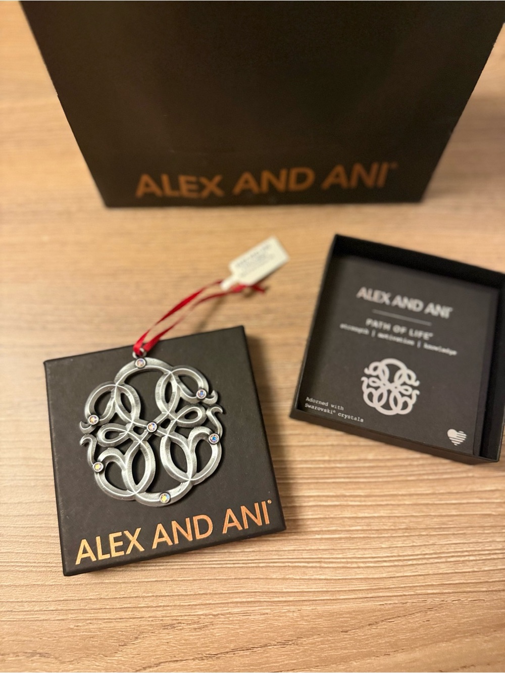 Alex and Ani Silver Ornament with Red Ribbon and Multicolor Crystal Accents